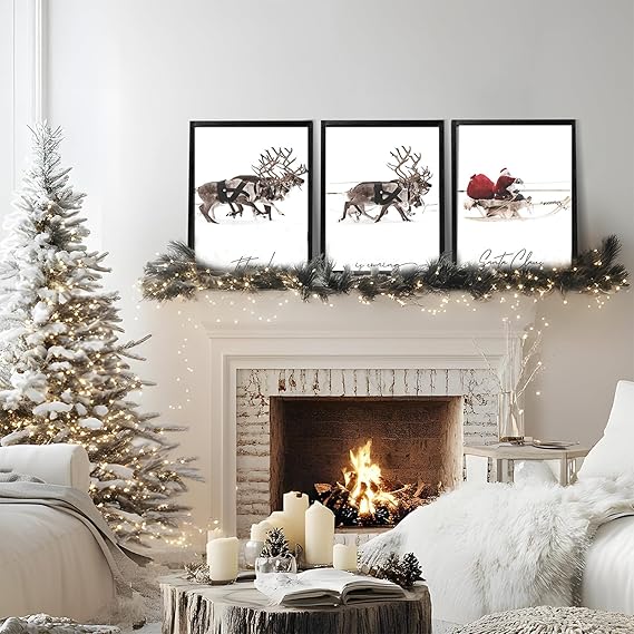 Wall Christmas Decorations, Christmas Signs for Home Decor, Christmas Santa Claus with Sleigh Deer for Christmas Wall Art Prints, Set of 3 Xmas Pictures for Wall (11 x 14 inches, UNFRAMED)