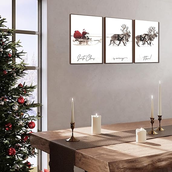 Wall Christmas Decorations, Christmas Signs for Home Decor, Christmas Santa Claus with Sleigh Deer for Christmas Wall Art Prints, Set of 3 Xmas Pictures for Wall (11 x 14 inches, UNFRAMED)