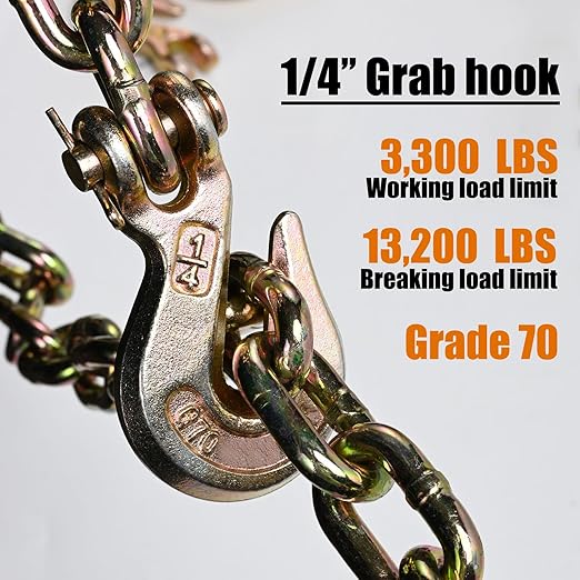 Leero G70 1/4" Clevis Grab Hook, Heavy Duty Forged Steel Rigging Chain Hooks with 3,300 Lbs(1.63 Tons) Working Load Limit, Tow Hook for Transport Truck Trailer, Yellow Zinc Finish, 2 Pack