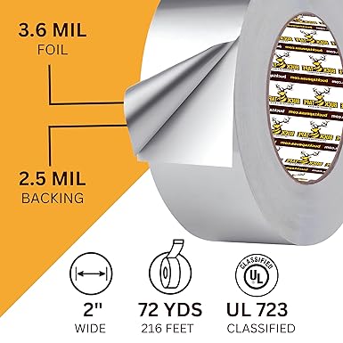 Buck Professional Grade Aluminum Foil Tape - 2 Inch x 216ft (72 yd) 3.6 Mil - Ideal for HVAC, Metal Repair & Insulation - Heat Resistant & Waterproof - Perfect for Sealing Ductwork & Vents