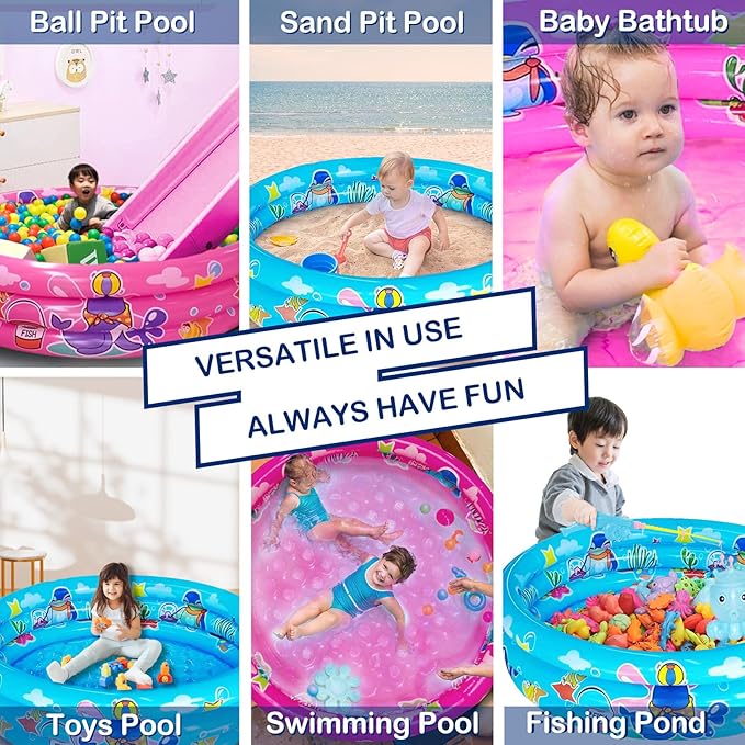 Big Summer 3 Rings Kiddie Pool, 48"X12", Kids Swimming Pool, Inflatable Baby Ball Pit Pool, Small Infant Pool (Pink)
