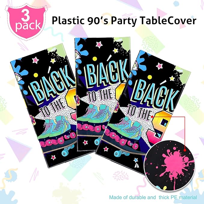 Tegeme 3 Pcs 90s Plastic Party Table Cover Back to The 90's Tablecloth 90s Birthday Party Decoration The 90's Hip Hop Supplies Throwback Birthday Decor for Room Kitchen 54 x 108 Inch
