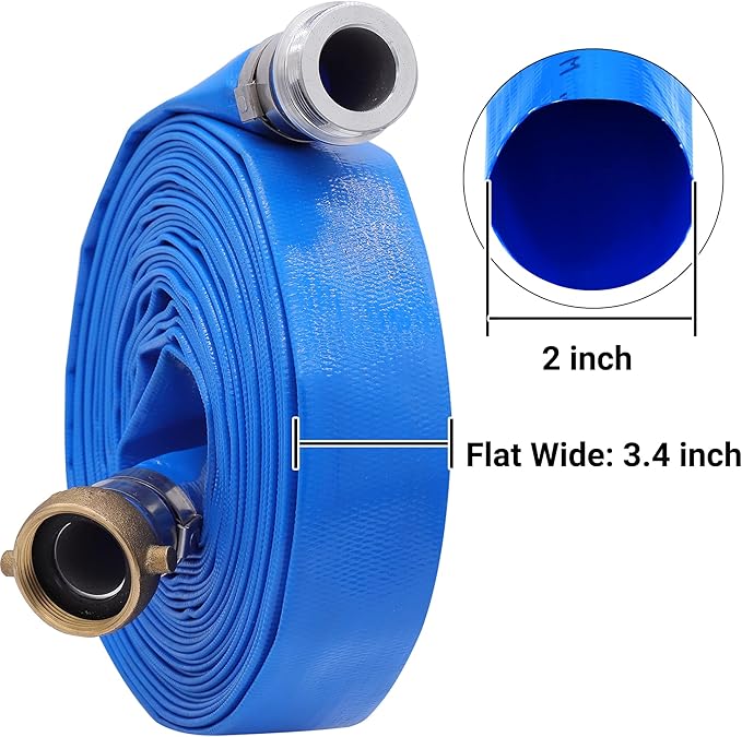 2" x 50ft PVC Lay Flat Water Pump Discharge Hose With Aluminum Pin Lug Fittings, Heavy Duty Reinforced Pool Backwash Hose Assembly
