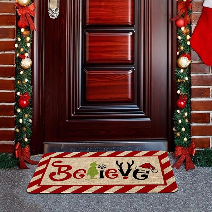 Faptoena Christmas Door mat Grinch Doormat Belive Rug Christmas Decorative,Winter Holiday Doormats Low-Profile Front Floor Mat Entrance Switch Mat for Indoor Outdoor 17 x 30 Inch