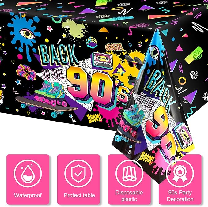 Tegeme 3 Pcs 90s Plastic Party Table Cover Back to The 90's Tablecloth 90s Birthday Party Decoration The 90's Hip Hop Supplies Throwback Birthday Decor for Room Kitchen 54 x 108 Inch