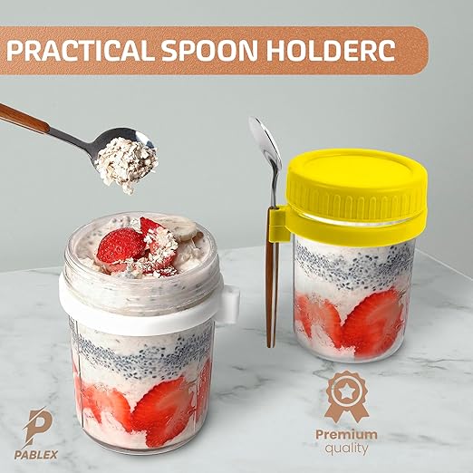 PABLEX - Overnight Oats Cups with Lid - Spoon, 16oz Glass, Reusable Anti Spill, Free Toxic - Overnight Oats Containers with Lids, Oatmeal Containers with Lids, Oats Overnight Container (White)