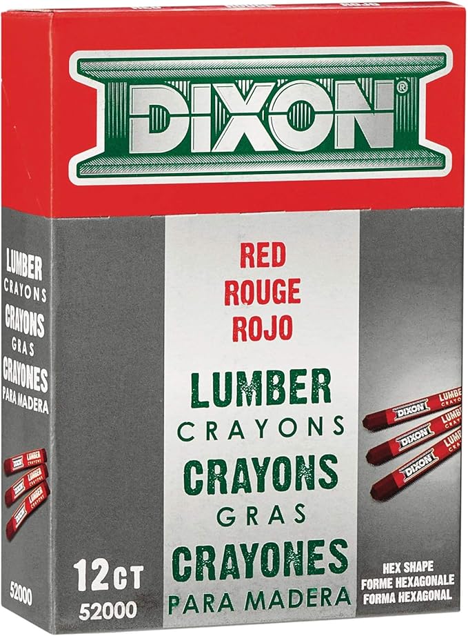 DIXON Industrial Lumber Marking Crayons, 4.5" x 1/2" Hex, Red, 12-Pack (52000)