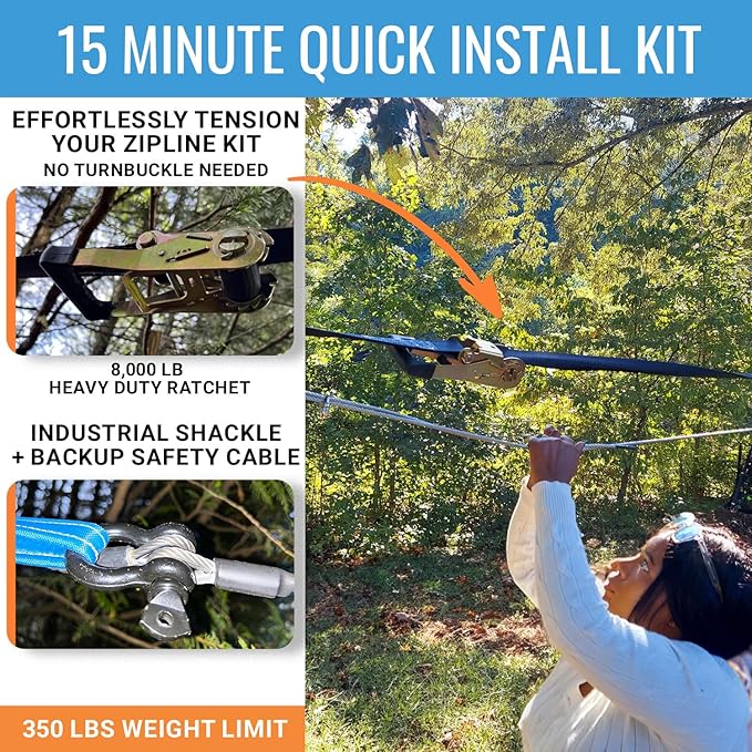 Zip Line Kit for Kids and Adults, 100120150200 ft, Up to 350 Lbs, Rustproof Stainless Steel, Quick Setup with Ratchet, Safety Harness, Backyard Adventure Fun Includes Climbing Holds