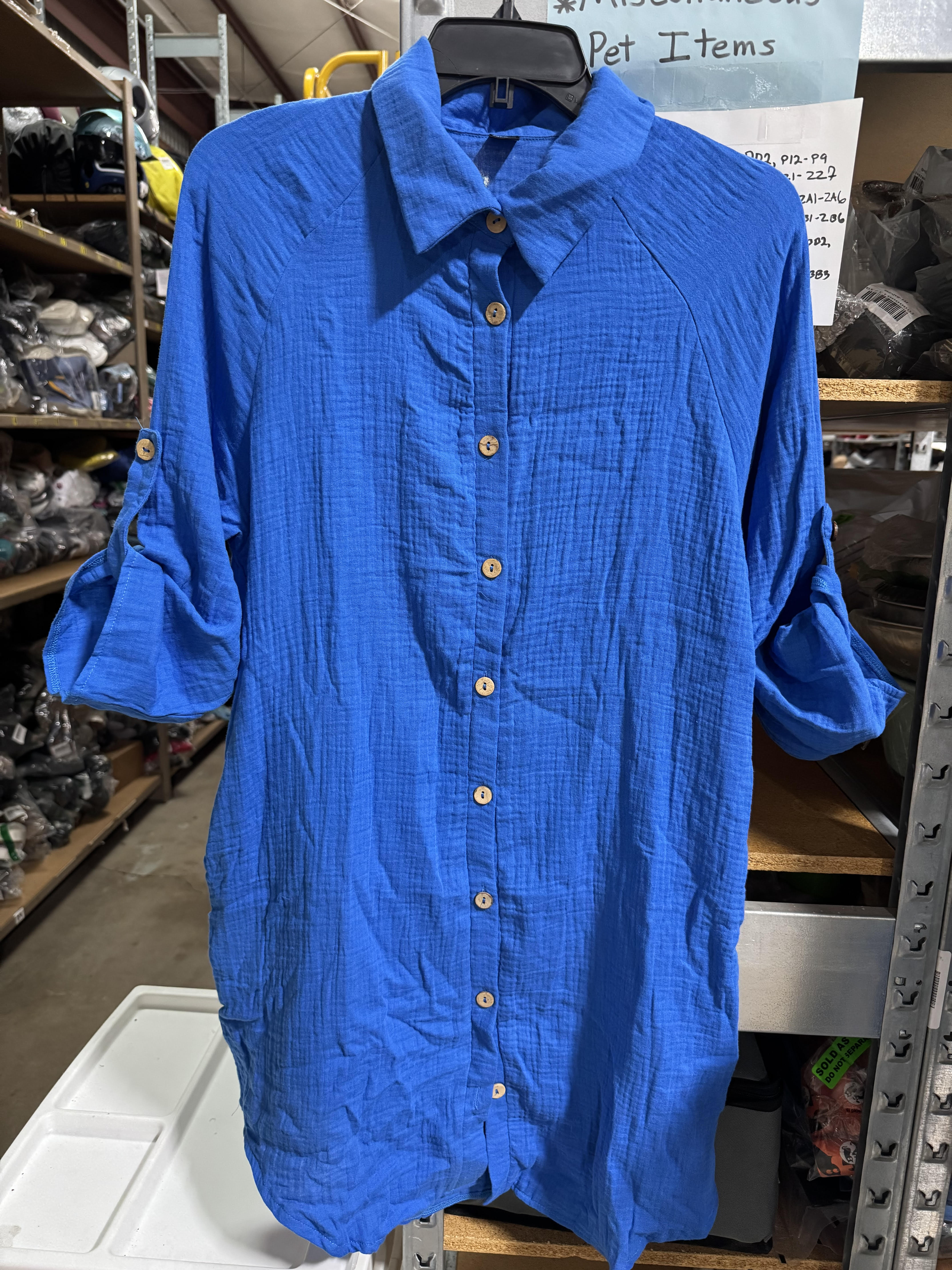 Shein Cobalt Blue Pure Linen Shirt, Unisex Top Long Sleeve